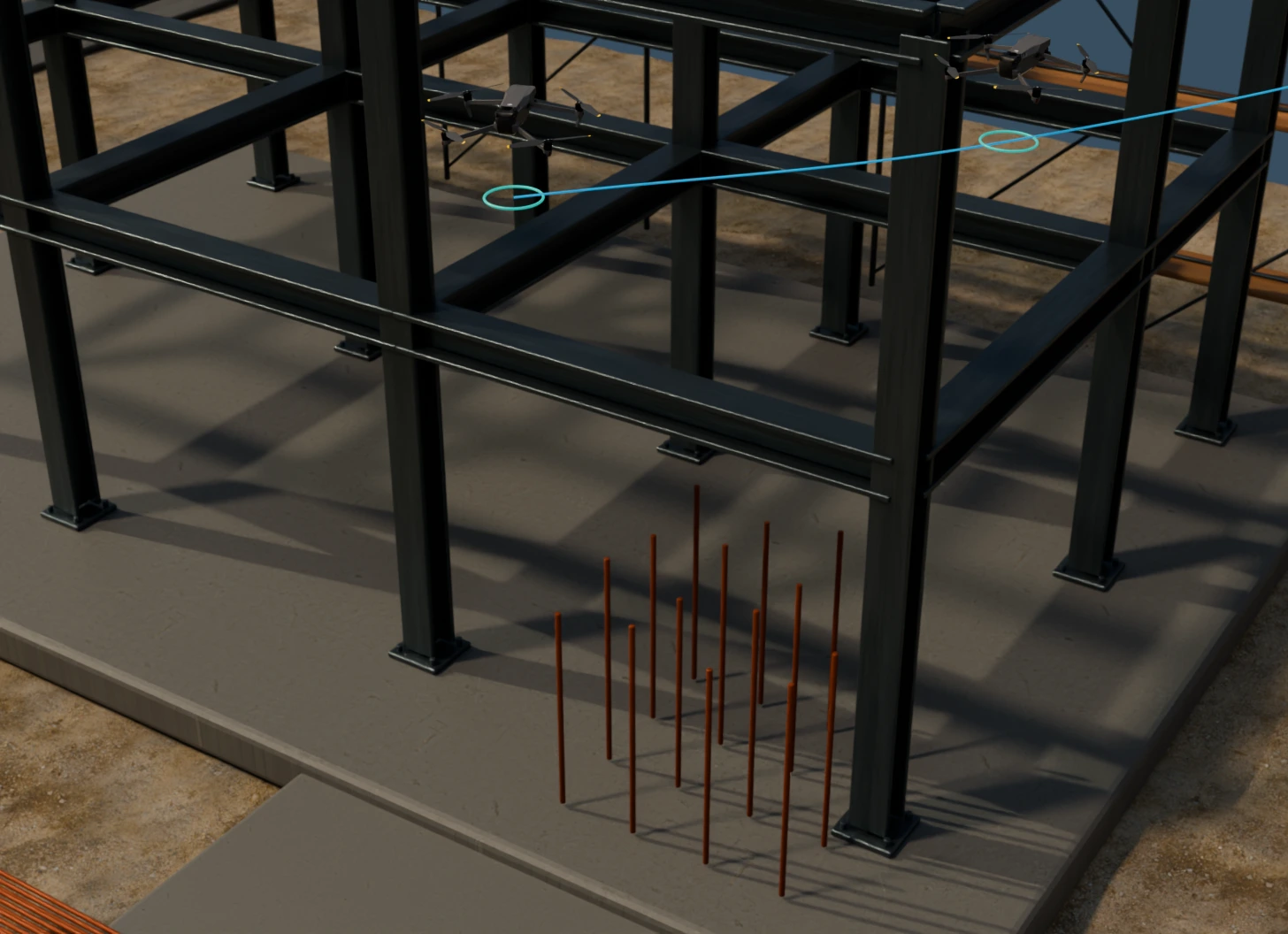 Concept rendering: a drone following a marked flight path through the steel frame of a building under construction