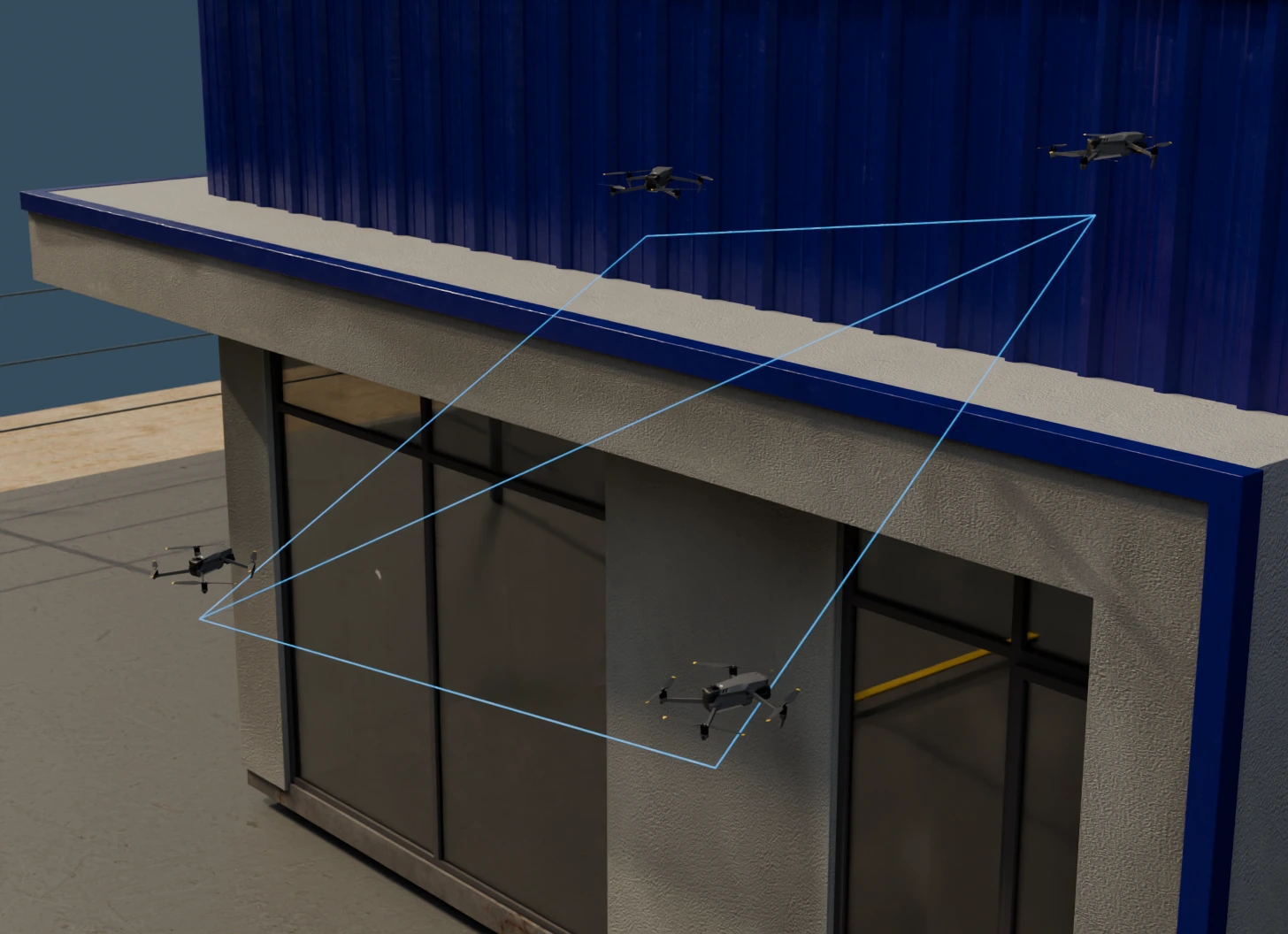 Concept rendering: three drones around a building, linked by lines that show them working together
