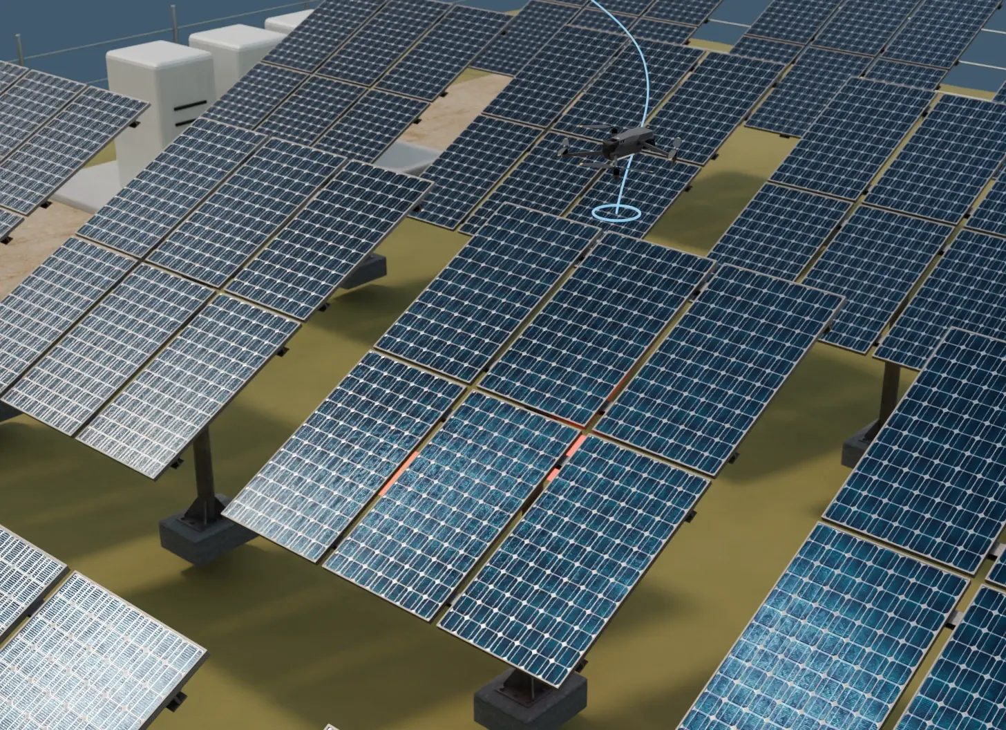 Concept rendering: a drone flying a marked route over rows of solar panels